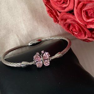 NEW Pink Crystal Butterfly Cable Bangle Bracelet
